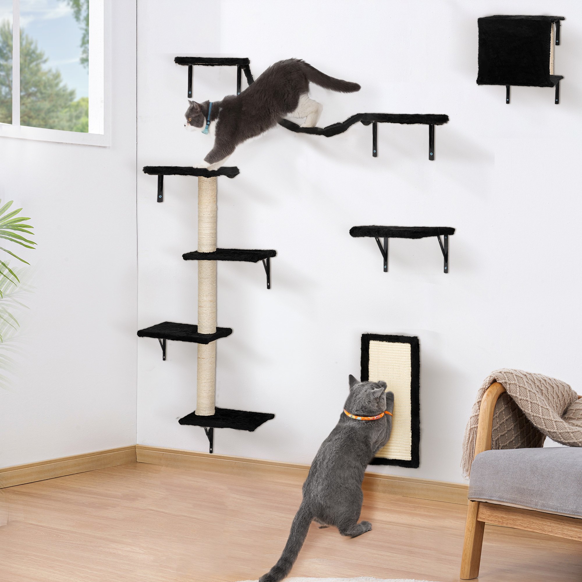 5 Pcs Wall Mounted Cat Climber Set; Floating Cat Shelves and Perches; Cat Activity Tree with Scratching Posts; Modern Cat Furniture 5 Pcs Wall Mounted Cat Climber Set; Floating Cat Shelves and Perches; Cat Activity Tree with Scratching Posts; Modern Cat Furniture